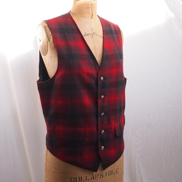 vtg 60s PENDLETON Wool Red Tartan Plaid Vest Waistcoat Cruiser Silver Buttons M - Picture 3 of 9